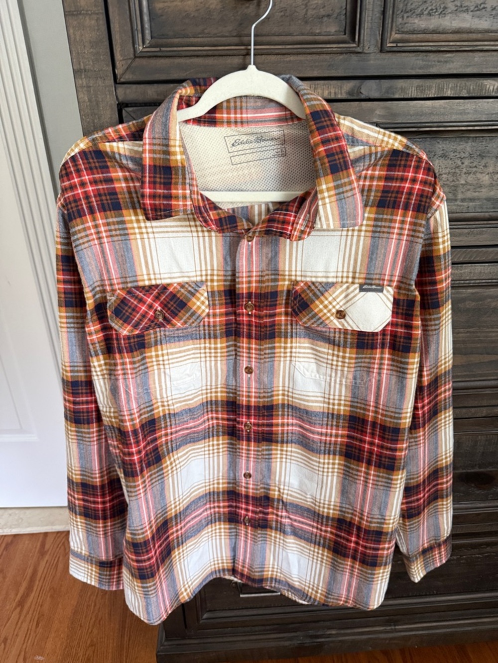 Eddie Bauer Plaid Button-Down Shirt - Red, Cream & Gold